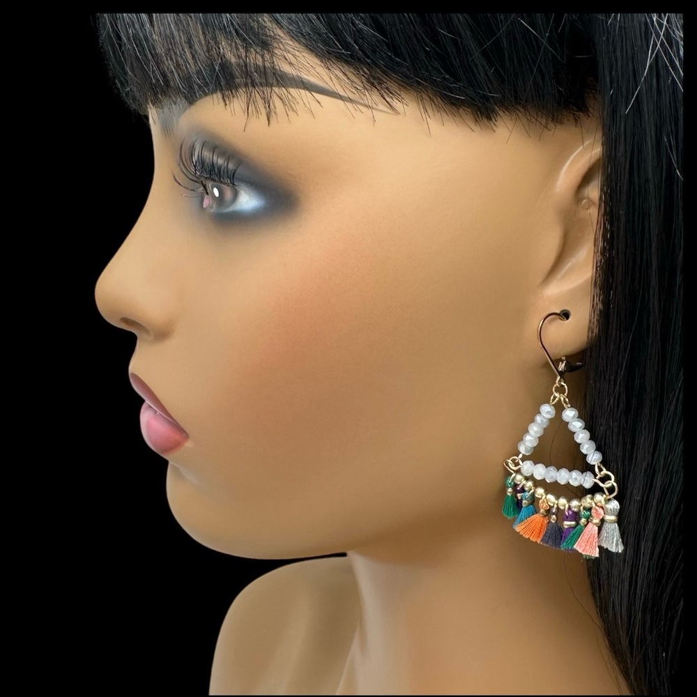 🌼Multi Color Thread Tassel Dangle Earrings - Picture 3 of 3